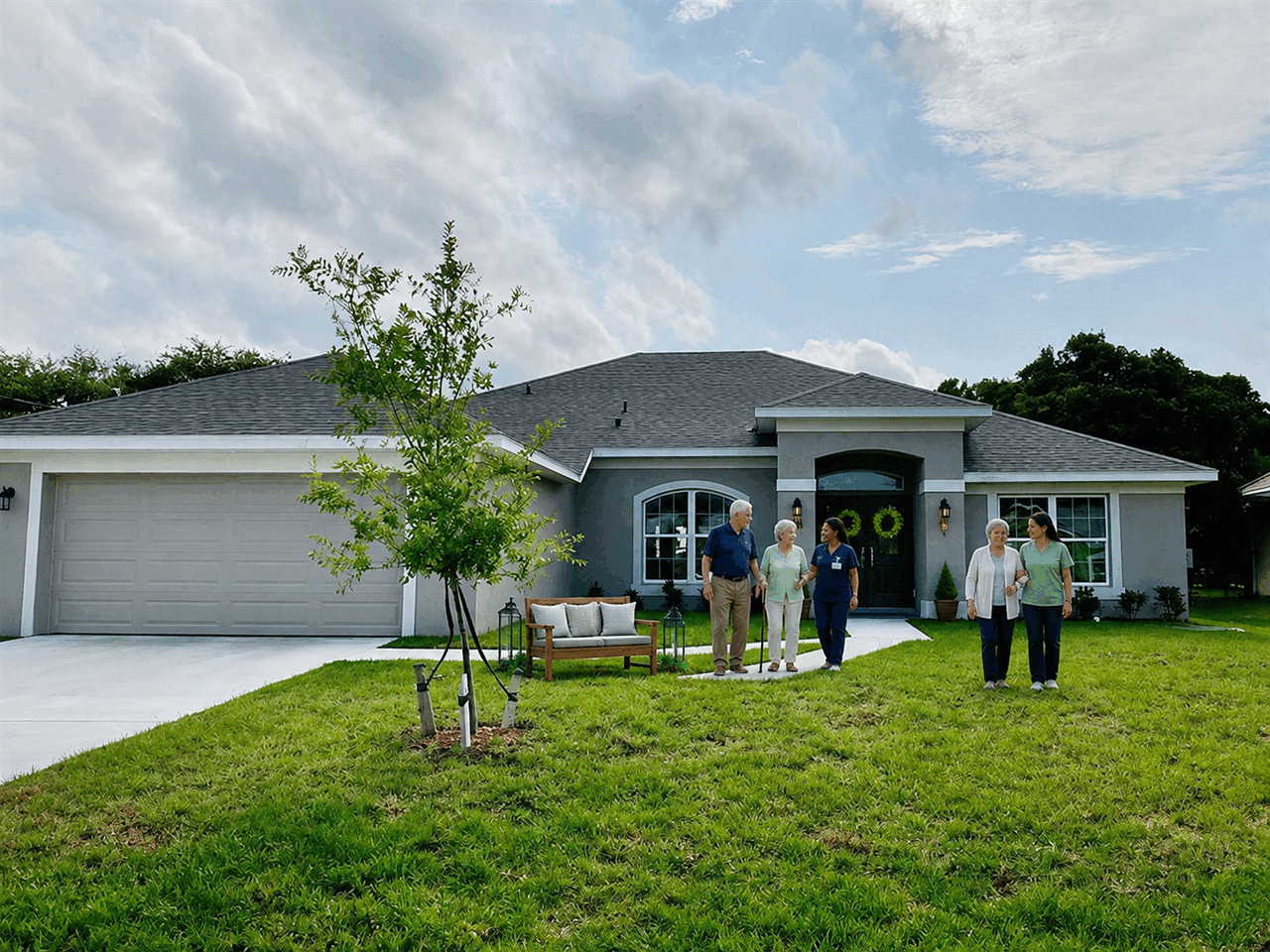 Residents and caregivers outside the residential assisted living home